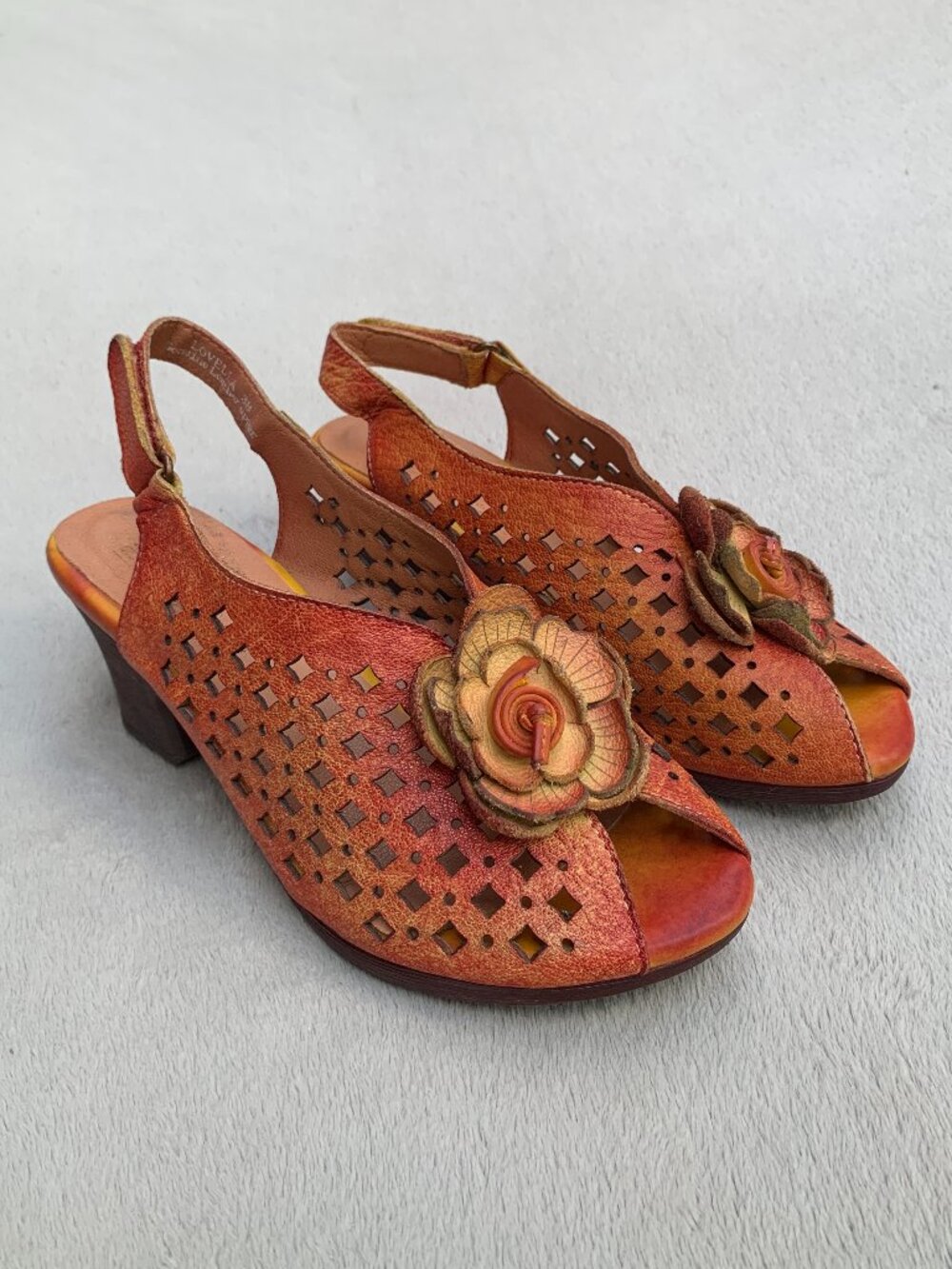 L'Artiste by Spring Step Lovella Leather Peep Toe Slingback Heel Sandals Sz38